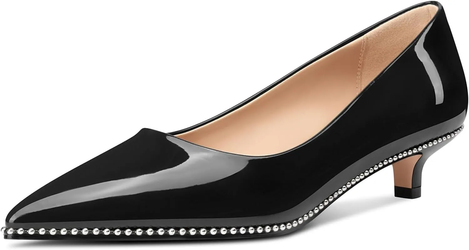 Aachcol Womens Low Heel Pointed Toe Pumps Silver Beaded Kitten Heels Slip-on Comfortable Office Dress Shoes 1.4 Inches Heels