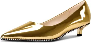 Aachcol Womens Low Heel Pointed Toe Pumps Silver Beaded Kitten Heels Slip-on Comfortable Office Dress Shoes 1.4 Inches Heels