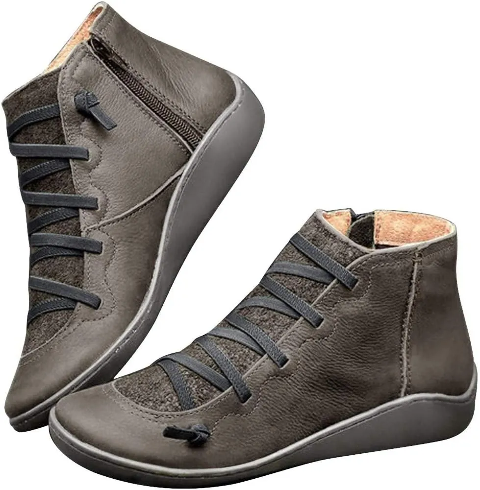 Ankle Booties for Women Flat Heel,Women’s Ankle Boots Fashion Lace Up Side Zip Vintage Booties Low Heel Arch Support