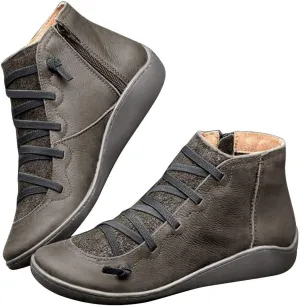 Ankle Booties for Women Flat Heel,Women’s Ankle Boots Fashion Lace Up Side Zip Vintage Booties Low Heel Arch Support