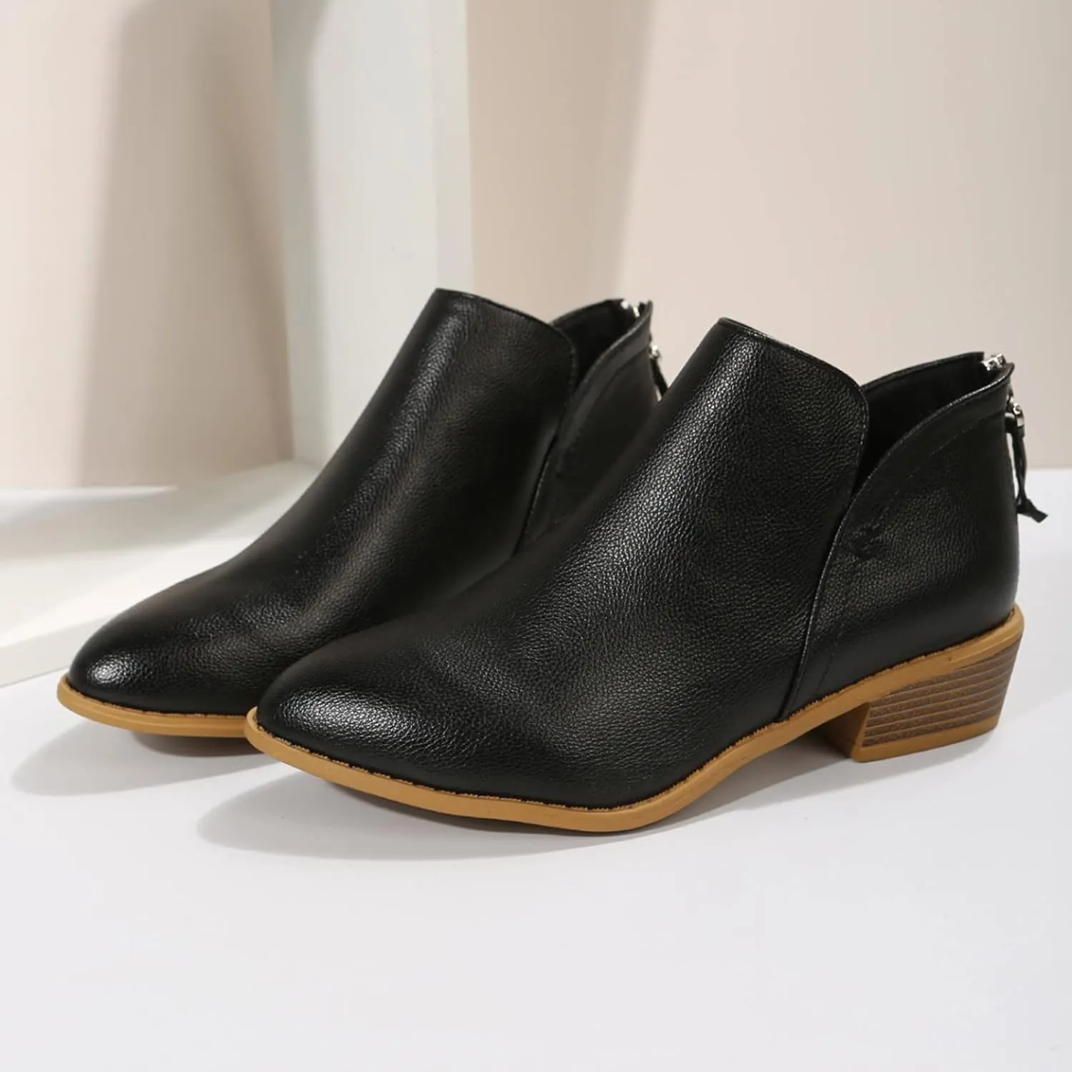Ankle Boots for Women Arch Support,Women's Ankle Boots Fall Boots Leather Thick Heel Back Zip Women Low Chunky Heeled Booties Slip on Western Booties Fashion Cut Out Short Boots