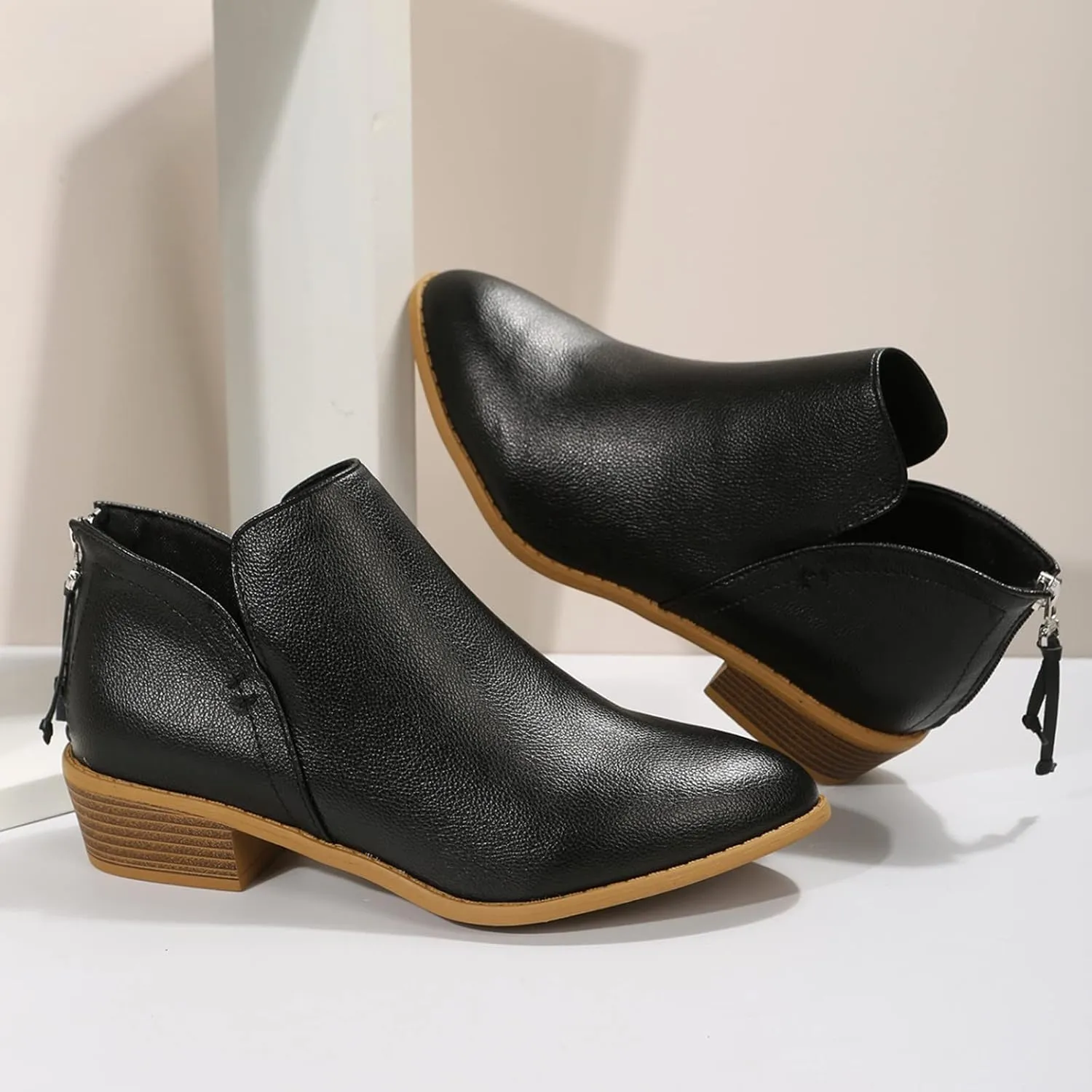 Ankle Boots for Women Arch Support,Women's Ankle Boots Fall Boots Leather Thick Heel Back Zip Women Low Chunky Heeled Booties Slip on Western Booties Fashion Cut Out Short Boots