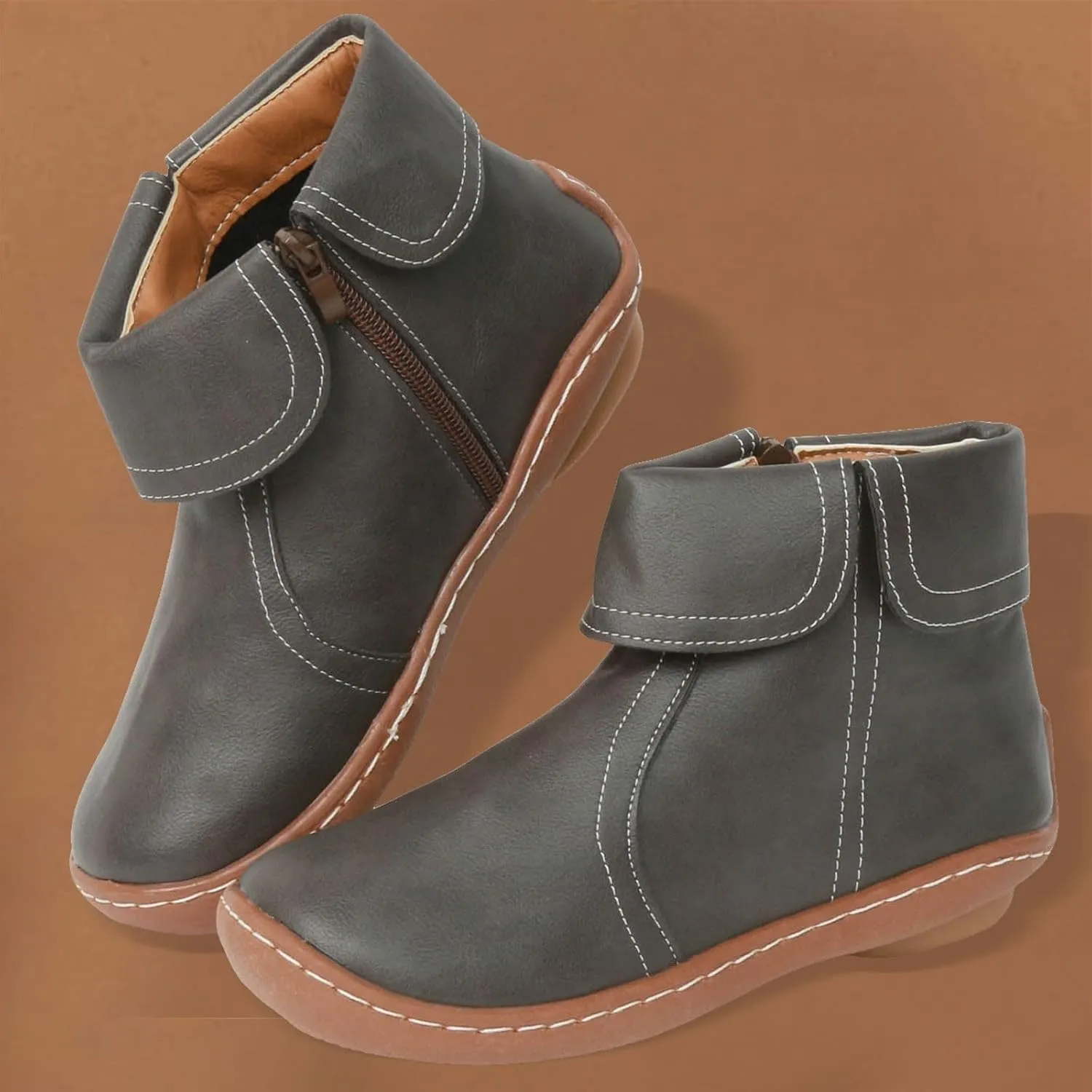 Ankle Boots for Women No Heel Dressy Vintage Leather Side Zipper 2024 Arch Support New Damping Boots Shoes Leather Booties