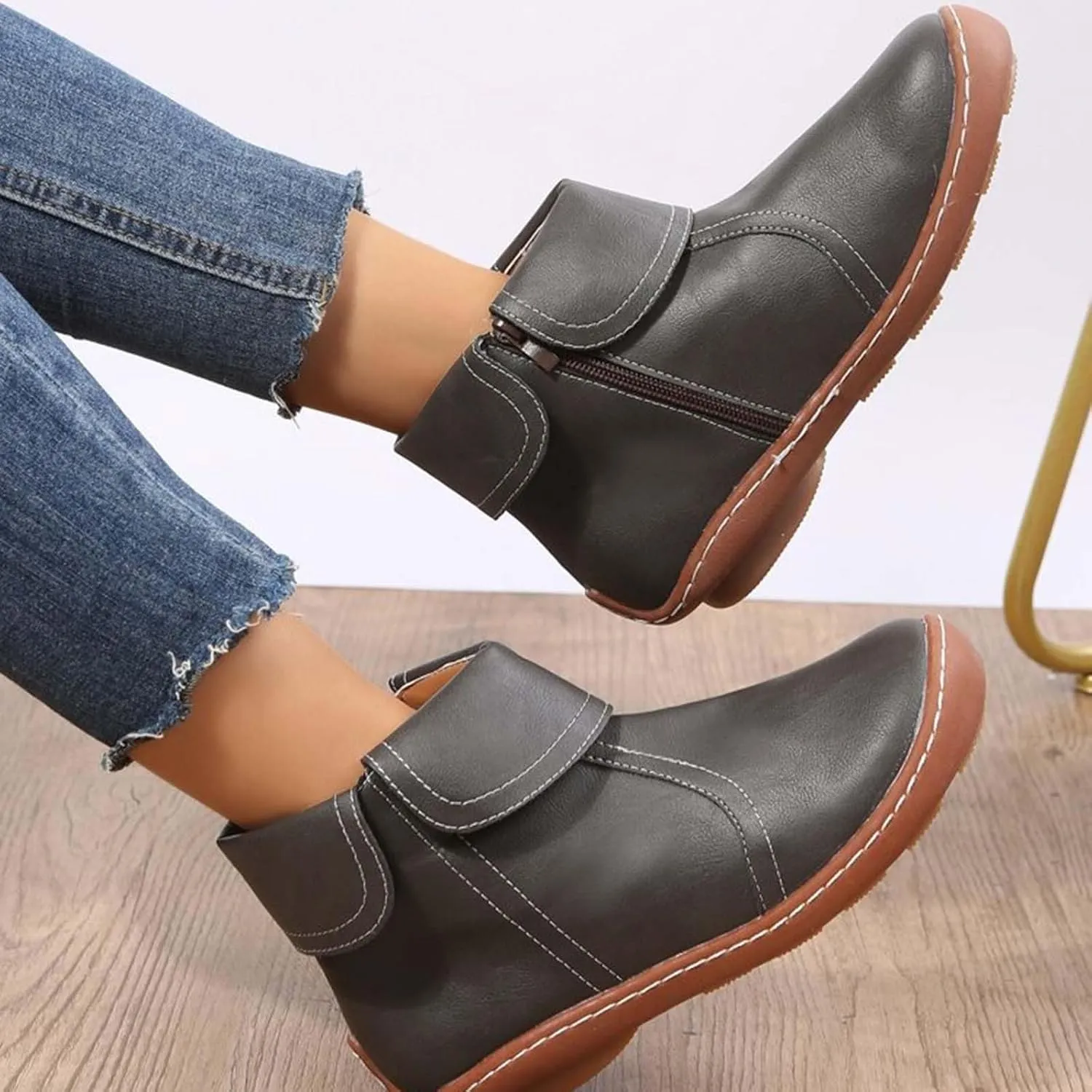 Ankle Boots for Women No Heel Dressy Vintage Leather Side Zipper 2024 Arch Support New Damping Boots Shoes Leather Booties