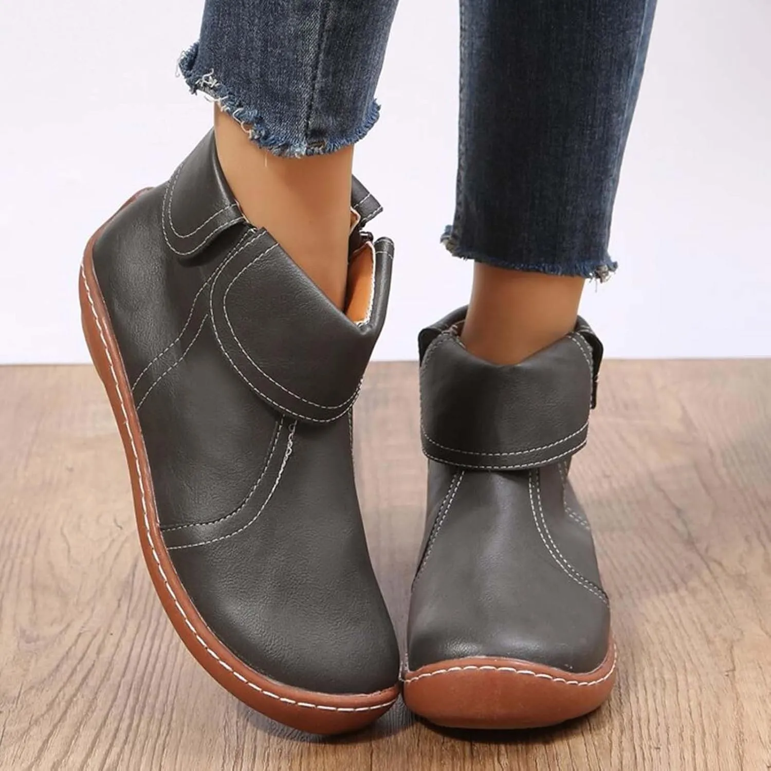 Ankle Boots for Women No Heel Dressy Vintage Leather Side Zipper 2024 Arch Support New Damping Boots Shoes Leather Booties