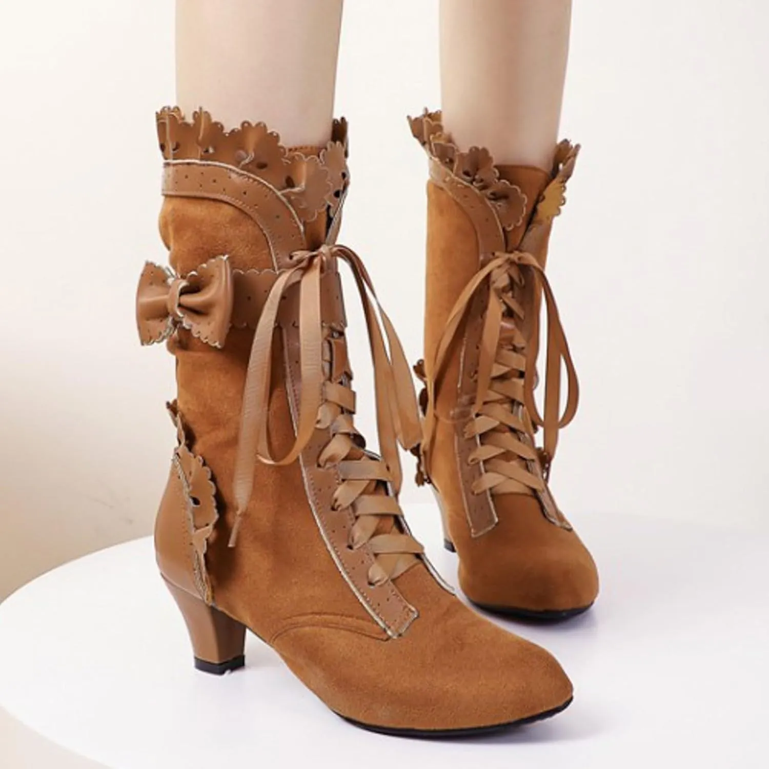 Ankle Boots for Women, Vintage Lace Up Victorian Boots Dress Riding Fall Shoes Witch Mid Calf Up Combat Boot With Bow