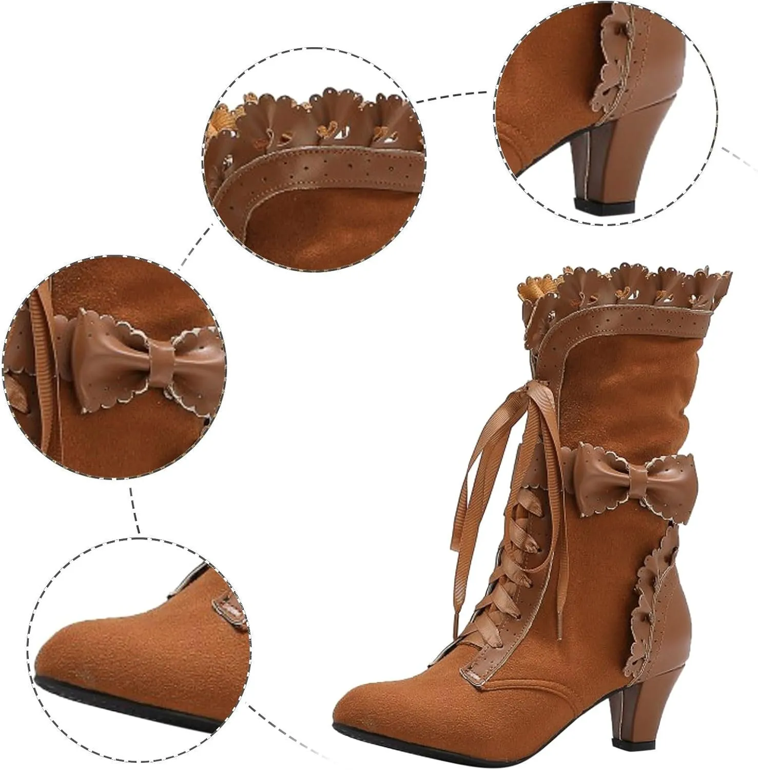 Ankle Boots for Women, Vintage Lace Up Victorian Boots Dress Riding Fall Shoes Witch Mid Calf Up Combat Boot With Bow