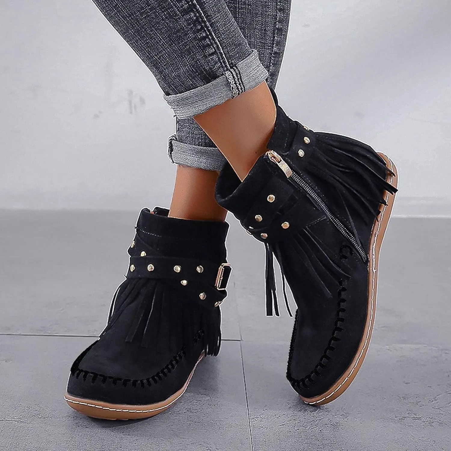 Ankle Boots for Women, Winter Fall Wedge Non Slip Ankle Booties With Side Zip Low Heels Leather Lace Up Short Walking Boots