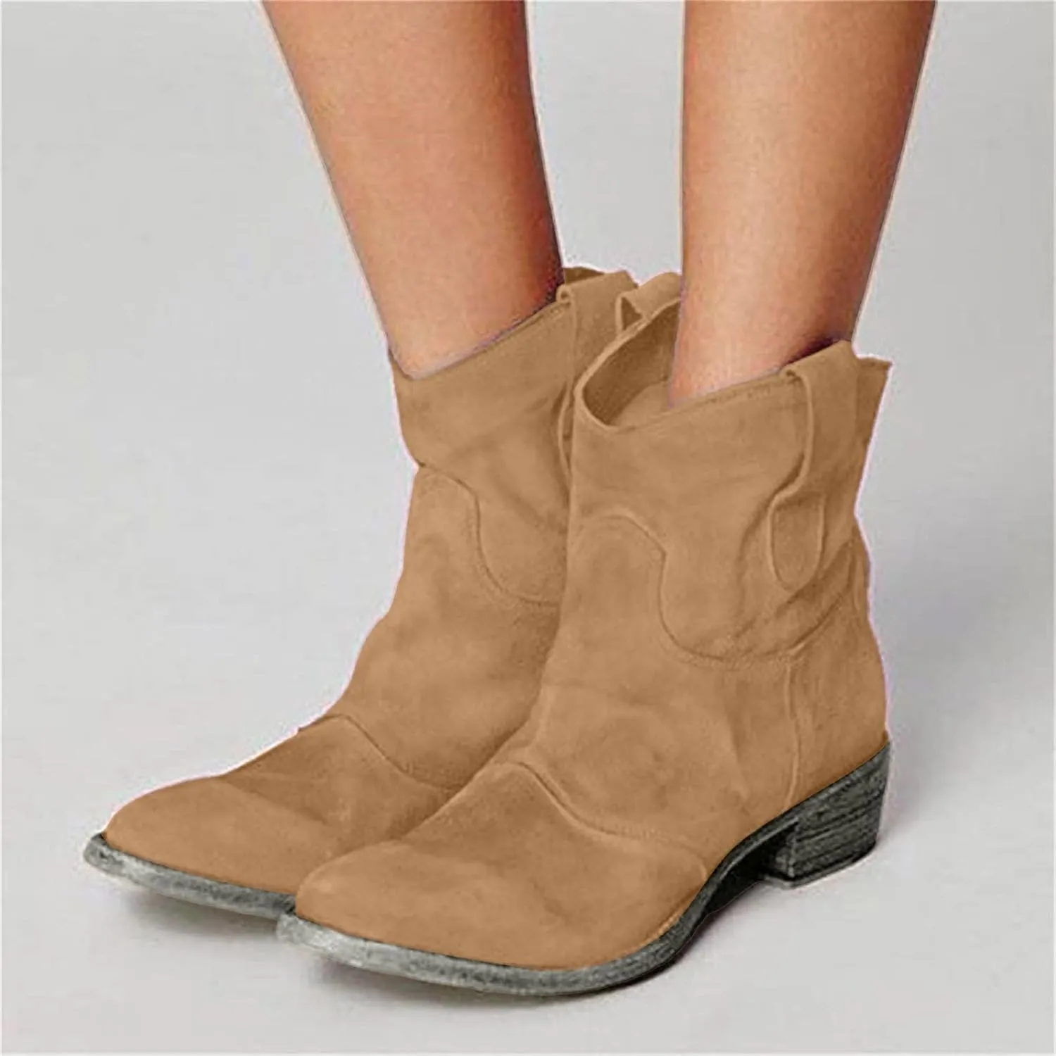 Ankle Boots for Women, Women Lace Up Slip-On Loafers Pointed Low Toe Chunky Block Heel Casual Cutout Office Booties