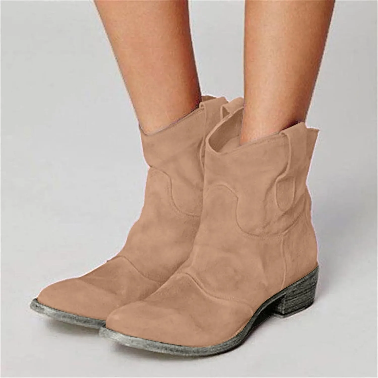 Ankle Boots for Women, Women Lace Up Slip-On Loafers Pointed Low Toe Chunky Block Heel Casual Cutout Office Booties