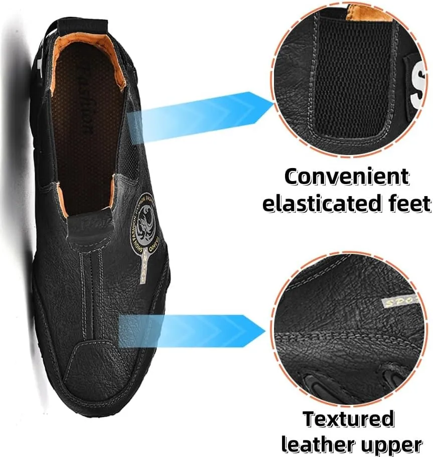 Asifn Men's Casual Leather Boots Slip On Walking Mid Top Non-Slip Driving Shoes Handmade Stitch Comfortable Lightweight