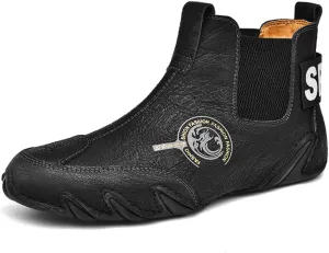 Asifn Men's Casual Leather Boots Slip On Walking Mid Top Non-Slip Driving Shoes Handmade Stitch Comfortable Lightweight