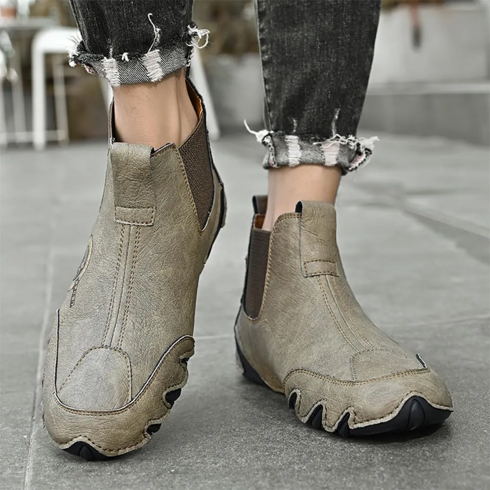 Asifn Men's Casual Leather Boots Slip On Walking Mid Top Non-Slip Driving Shoes Handmade Stitch Comfortable Lightweight