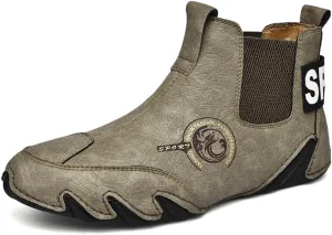 Asifn Men's Casual Leather Boots Slip On Walking Mid Top Non-Slip Driving Shoes Handmade Stitch Comfortable Lightweight
