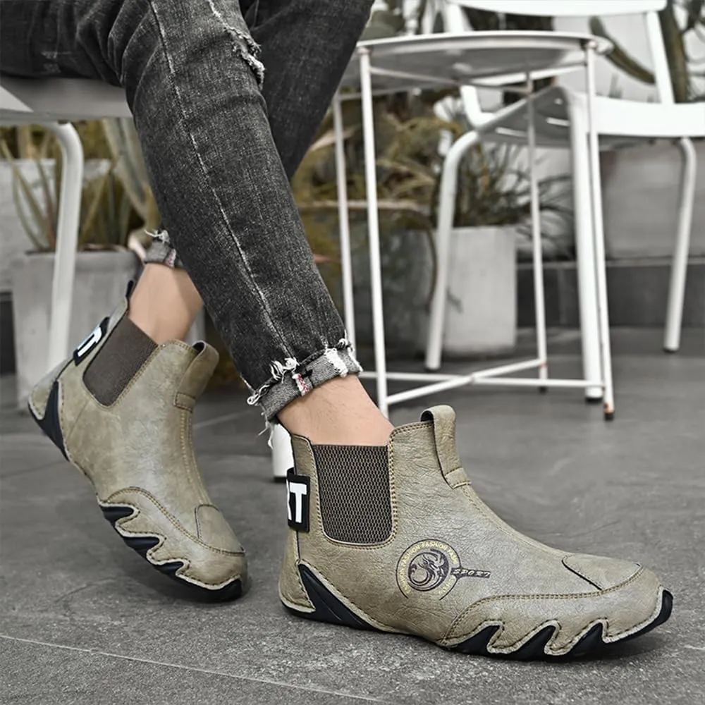 Asifn Men's Casual Leather Boots Slip On Walking Mid Top Non-Slip Driving Shoes Handmade Stitch Comfortable Lightweight