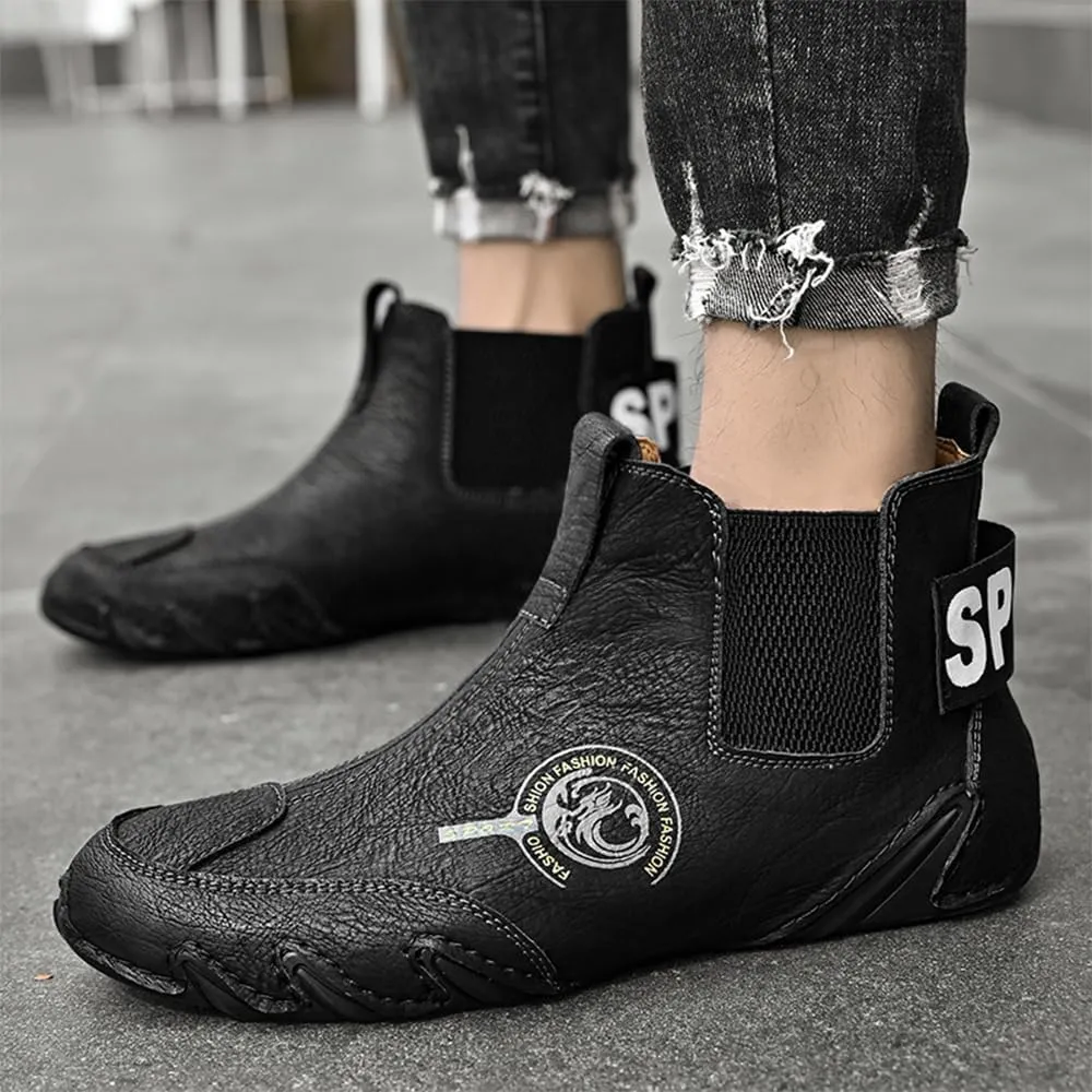 Asifn Men's Casual Leather Boots Slip On Walking Mid Top Non-Slip Driving Shoes Handmade Stitch Comfortable Lightweight