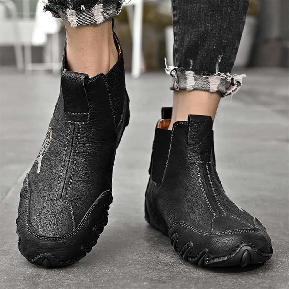 Asifn Men's Casual Leather Boots Slip On Walking Mid Top Non-Slip Driving Shoes Handmade Stitch Comfortable Lightweight