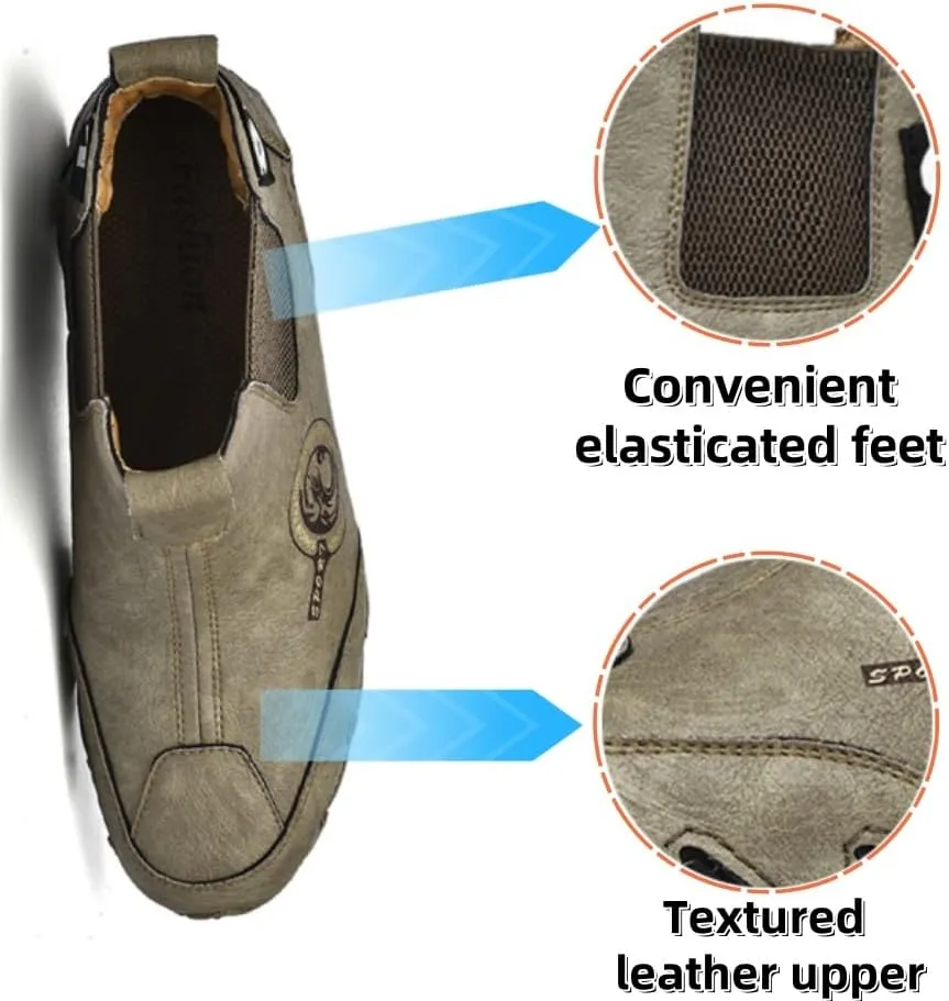 Asifn Men's Casual Leather Boots Slip On Walking Mid Top Non-Slip Driving Shoes Handmade Stitch Comfortable Lightweight