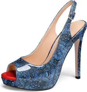 AUMOTED Women's High Heel Slingback Pumps Stilettos High Heels Patent Slingback Pumps Solid Peep Toe Platform Stilettos Pumps Dating Party Dress Shoes 4.7 Inch