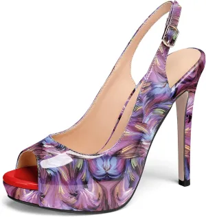 AUMOTED Women's High Heel Slingback Pumps Stilettos High Heels Patent Slingback Pumps Solid Peep Toe Platform Stilettos Pumps Dating Party Dress Shoes 4.7 Inch