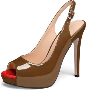 AUMOTED Women's High Heel Slingback Pumps Stilettos High Heels Patent Slingback Pumps Solid Peep Toe Platform Stilettos Pumps Dating Party Dress Shoes 4.7 Inch