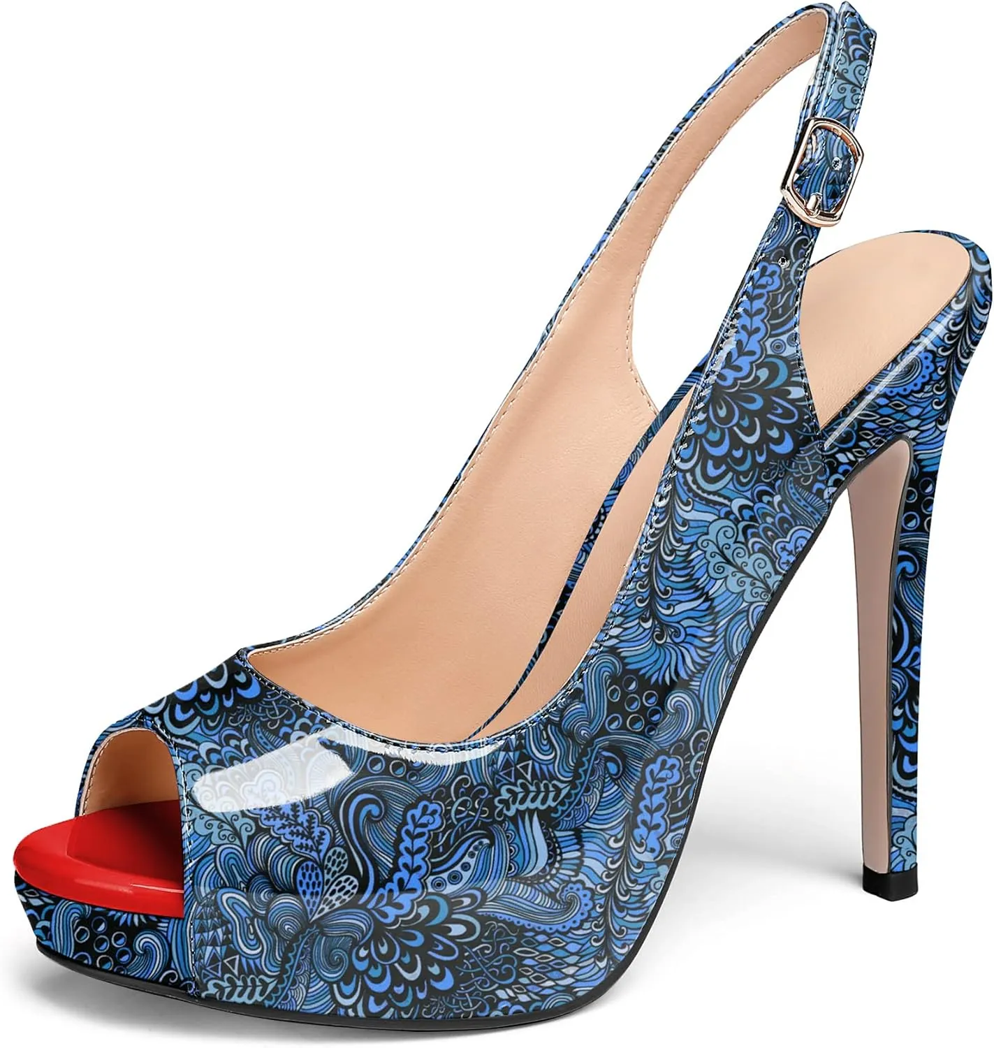 AUMOTED Women's High Heel Slingback Pumps Stilettos High Heels Patent Slingback Pumps Solid Peep Toe Platform Stilettos Pumps Dating Party Dress Shoes 4.7 Inch