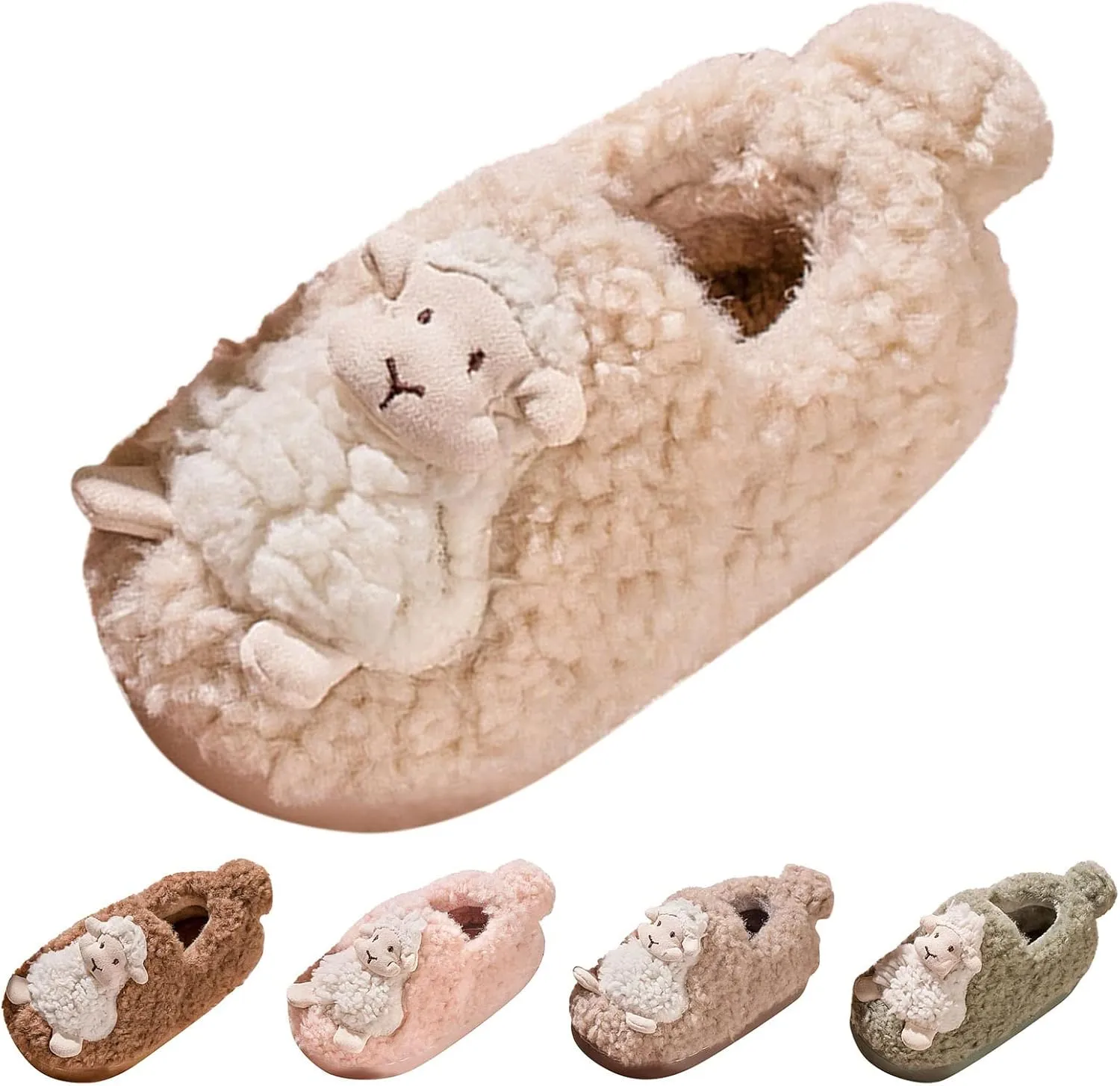 Autumn and Winter Cute Boys and Girls Slippers Flat Bottom Soft and Comfortable Warm Sheep Shape Toddler Slippers