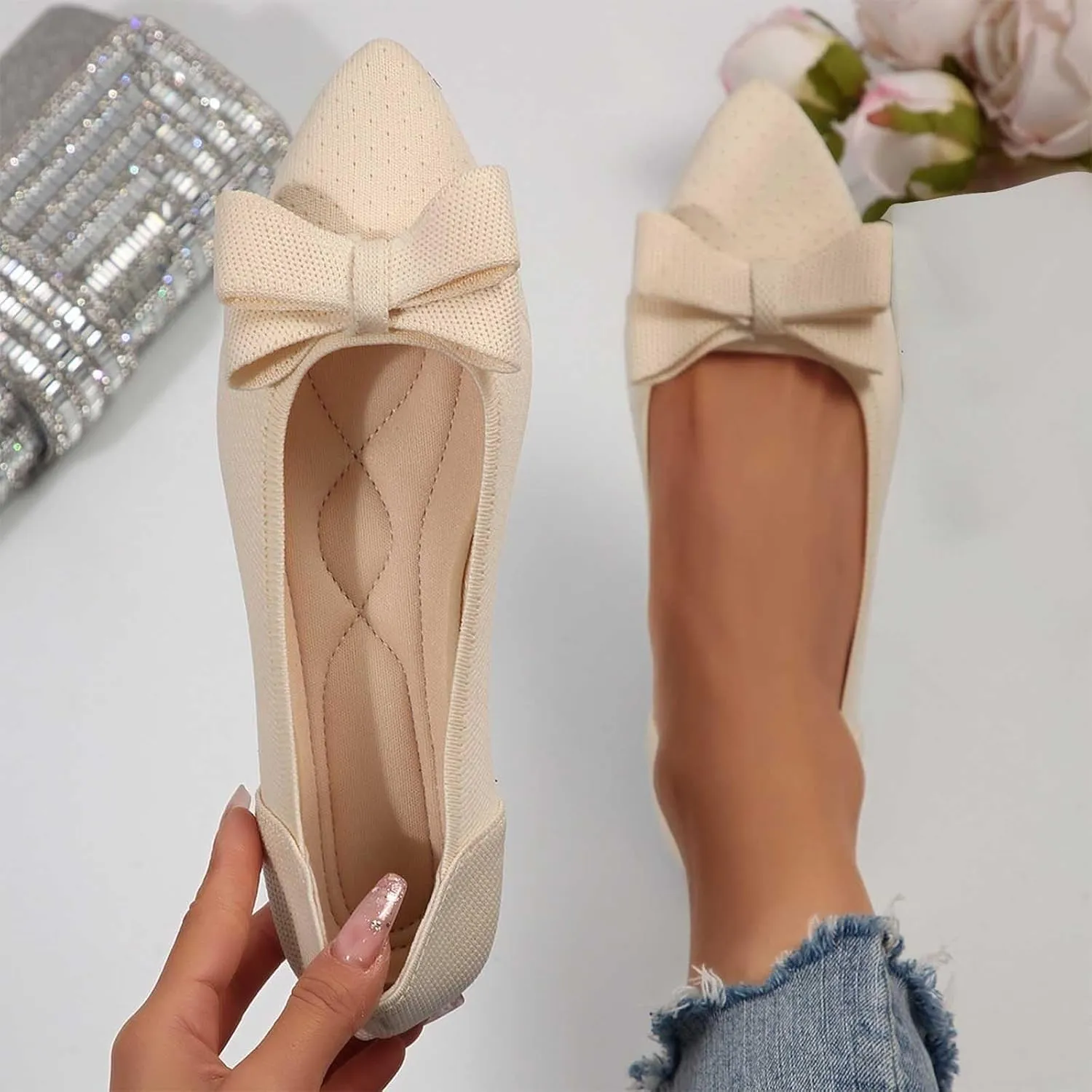 Ballet Flats for Women with Bow Classic Pointed Toe Flat Shoes Casual Dressy Slip On Comfort Work Office Dress Shoes