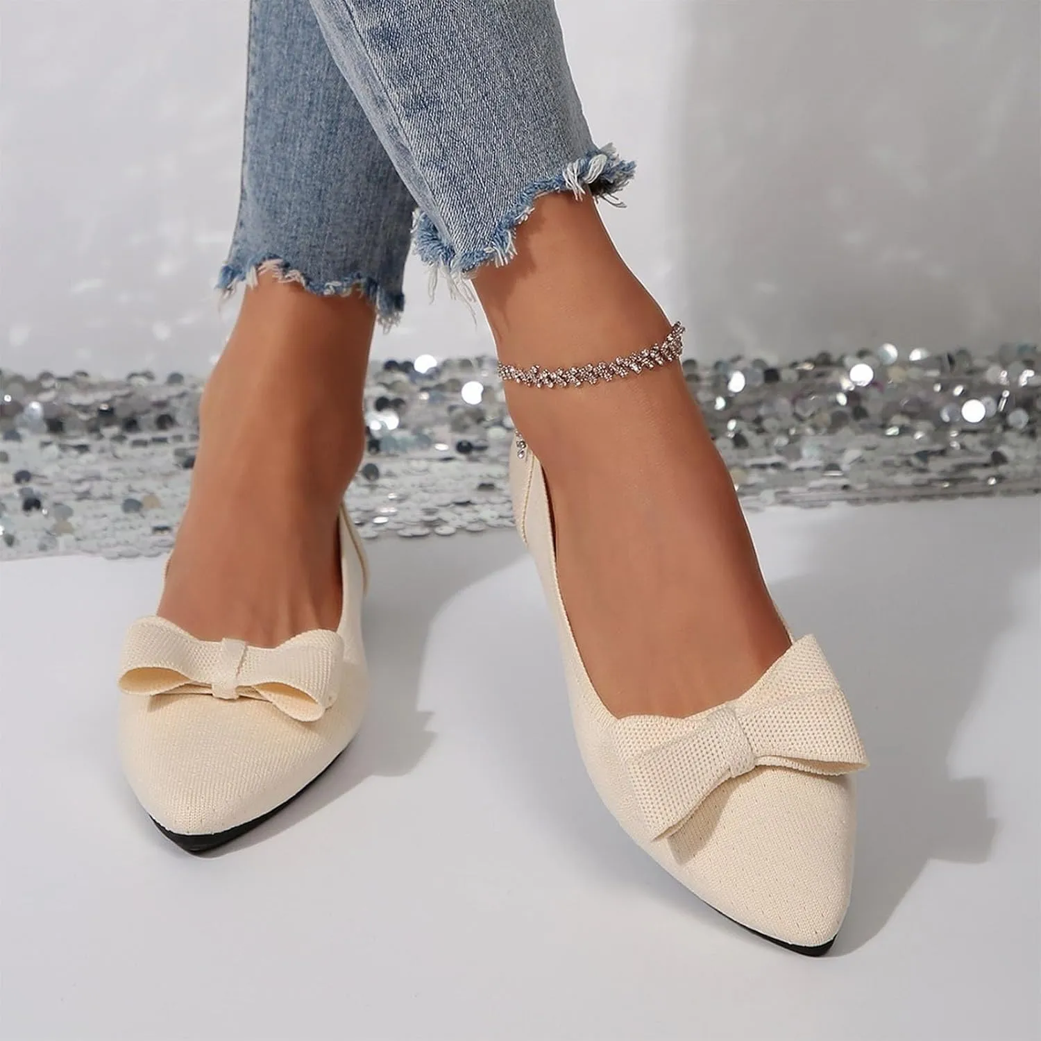 Ballet Flats for Women with Bow Classic Pointed Toe Flat Shoes Casual Dressy Slip On Comfort Work Office Dress Shoes