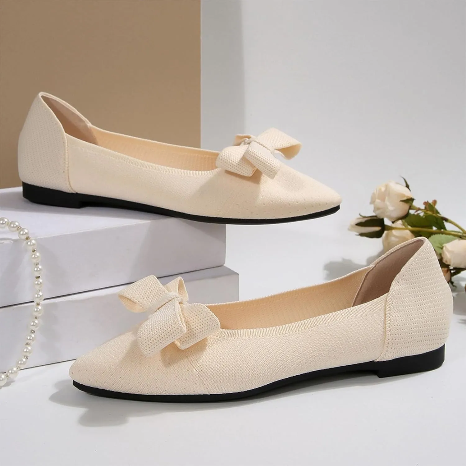 Ballet Flats for Women with Bow Classic Pointed Toe Flat Shoes Casual Dressy Slip On Comfort Work Office Dress Shoes