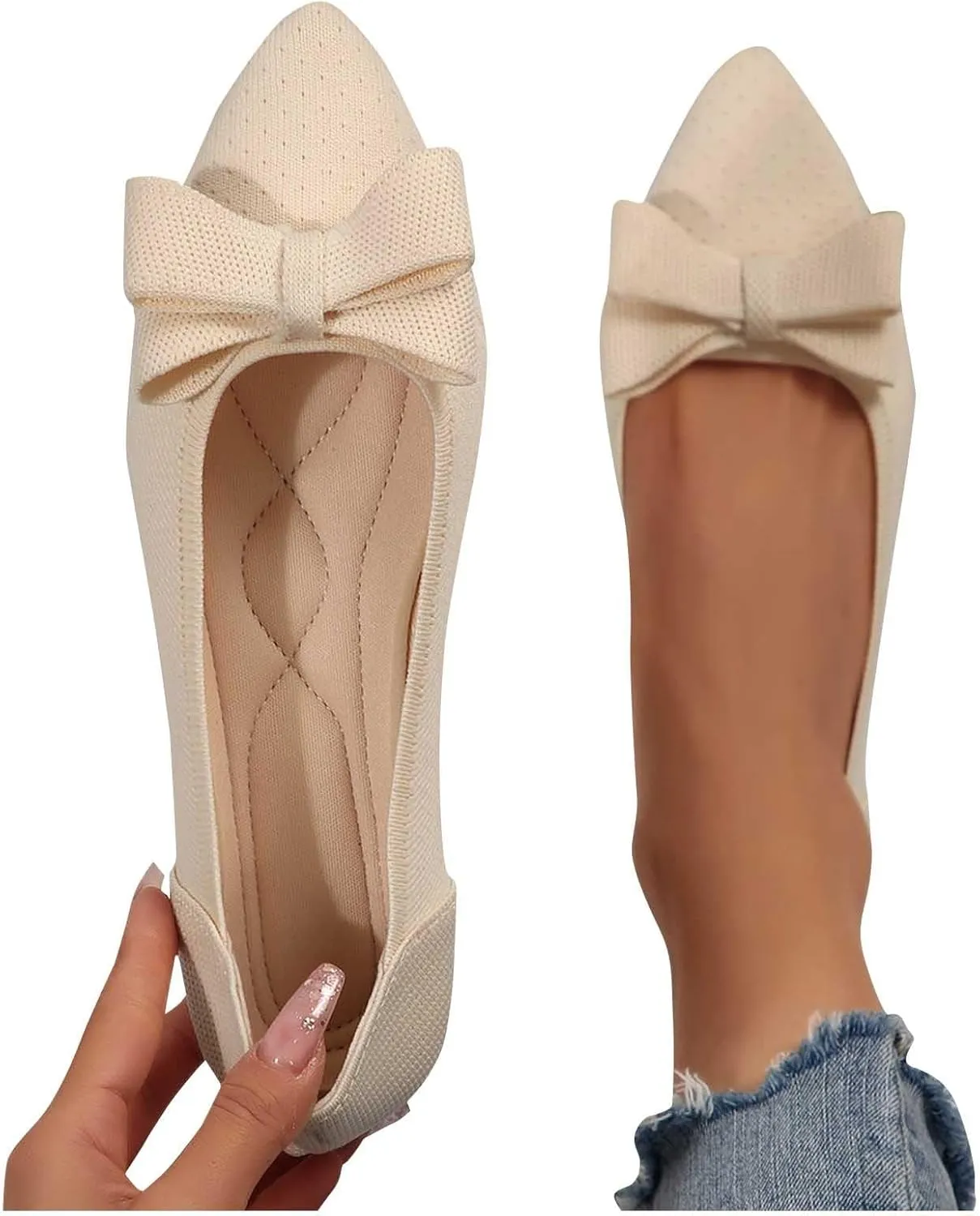 Ballet Flats for Women with Bow Classic Pointed Toe Flat Shoes Casual Dressy Slip On Comfort Work Office Dress Shoes
