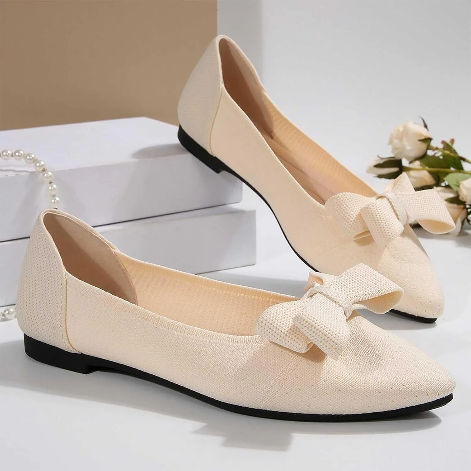 Ballet Flats for Women with Bow Classic Pointed Toe Flat Shoes Casual Dressy Slip On Comfort Work Office Dress Shoes