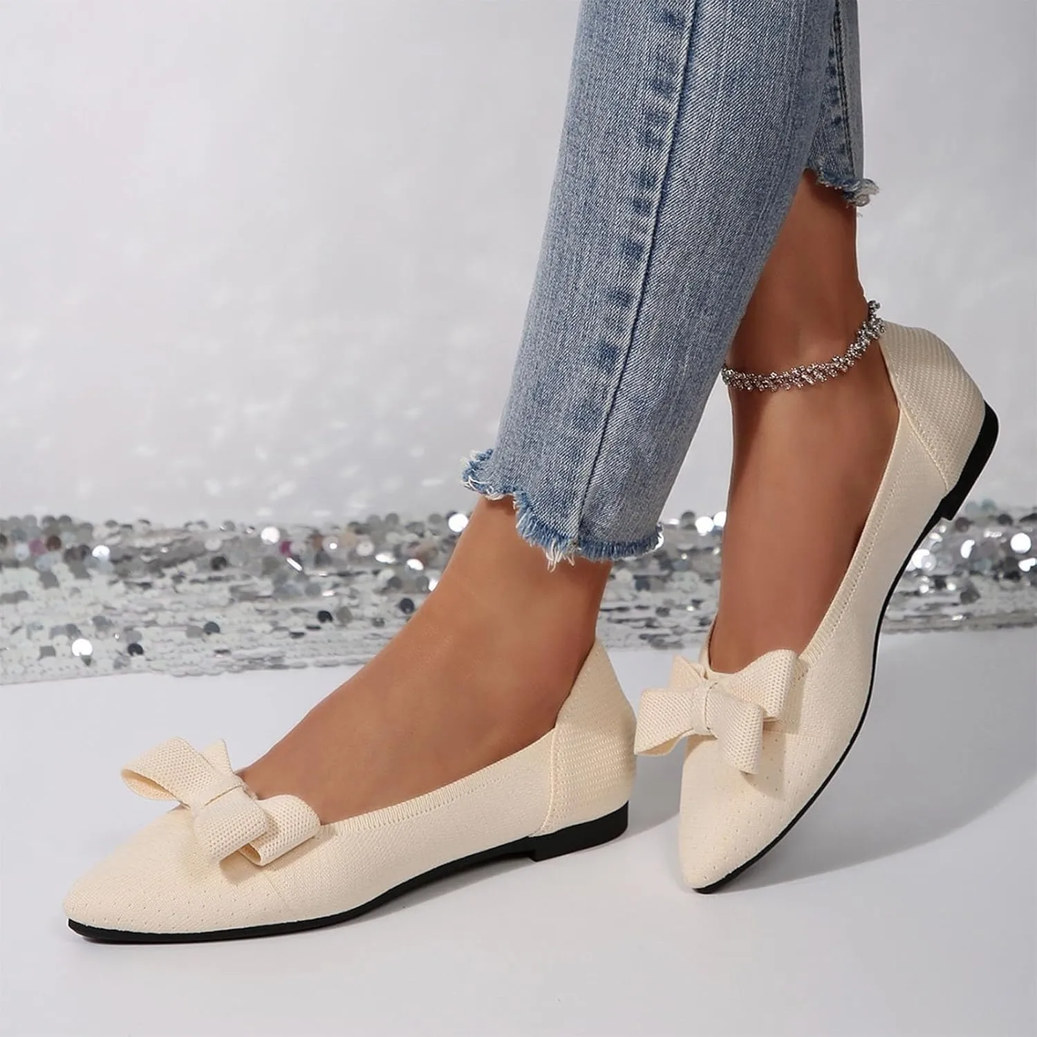 Ballet Flats for Women with Bow Classic Pointed Toe Flat Shoes Casual Dressy Slip On Comfort Work Office Dress Shoes