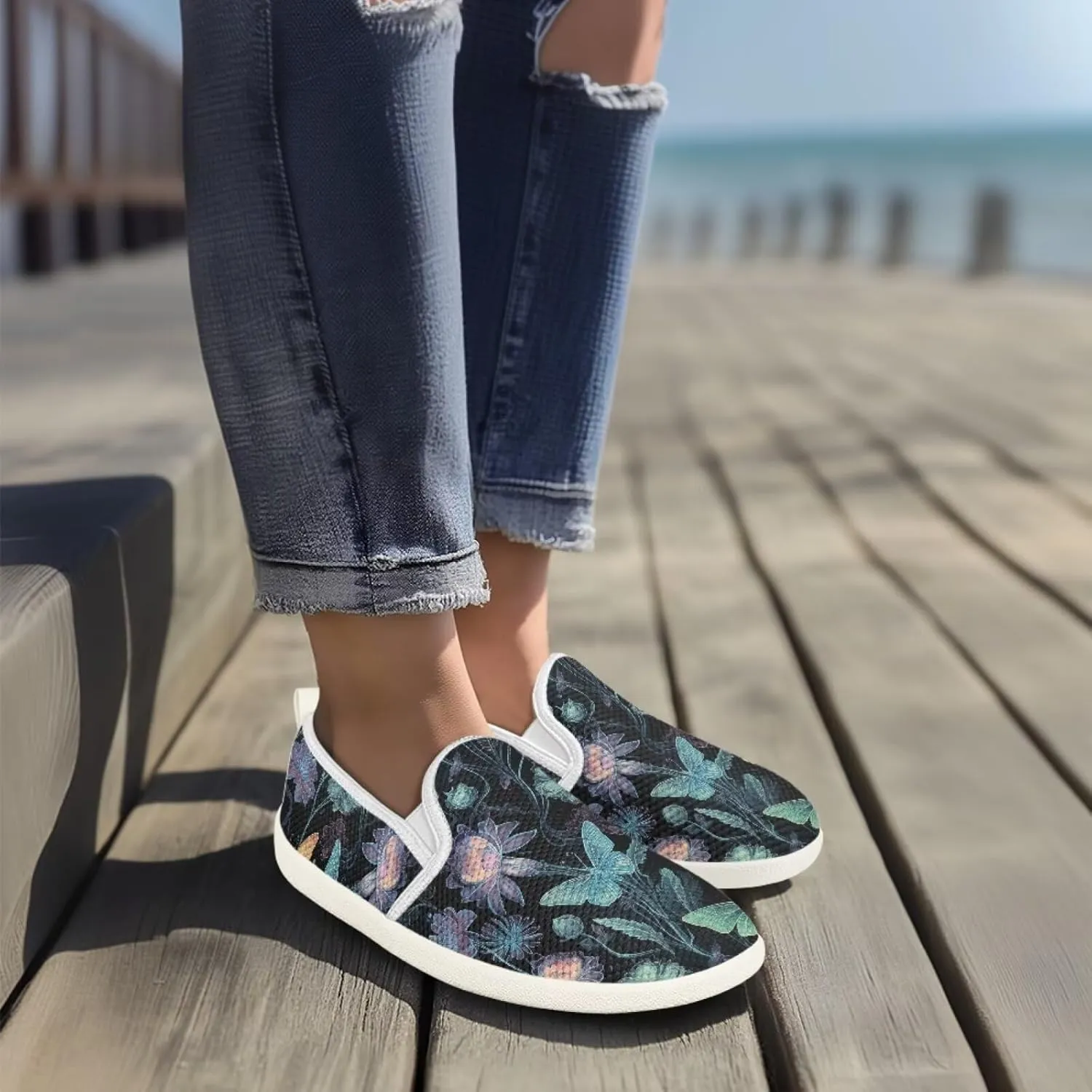 Binienty Women's Slip on Shoes Casual Low Cut Wide Toe Box Tennis Running Flats Athletic Walking Jogging Shoes