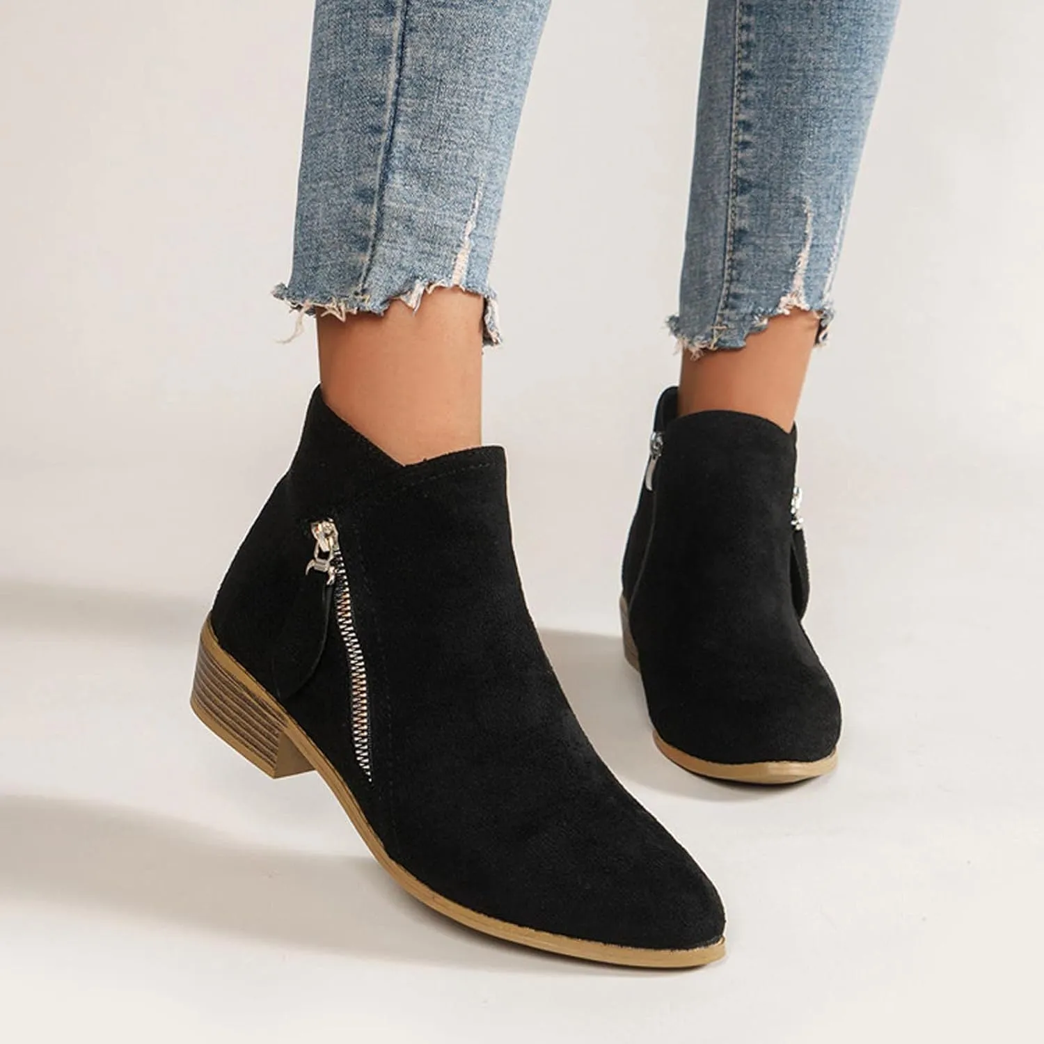 Boots for Women Ankle Booties 2022 Fall Fashion Side Zipper Pointed Toe Block Chunky Mid Heel Boots Solid Slip on Casual Comfy Ladies Shoes