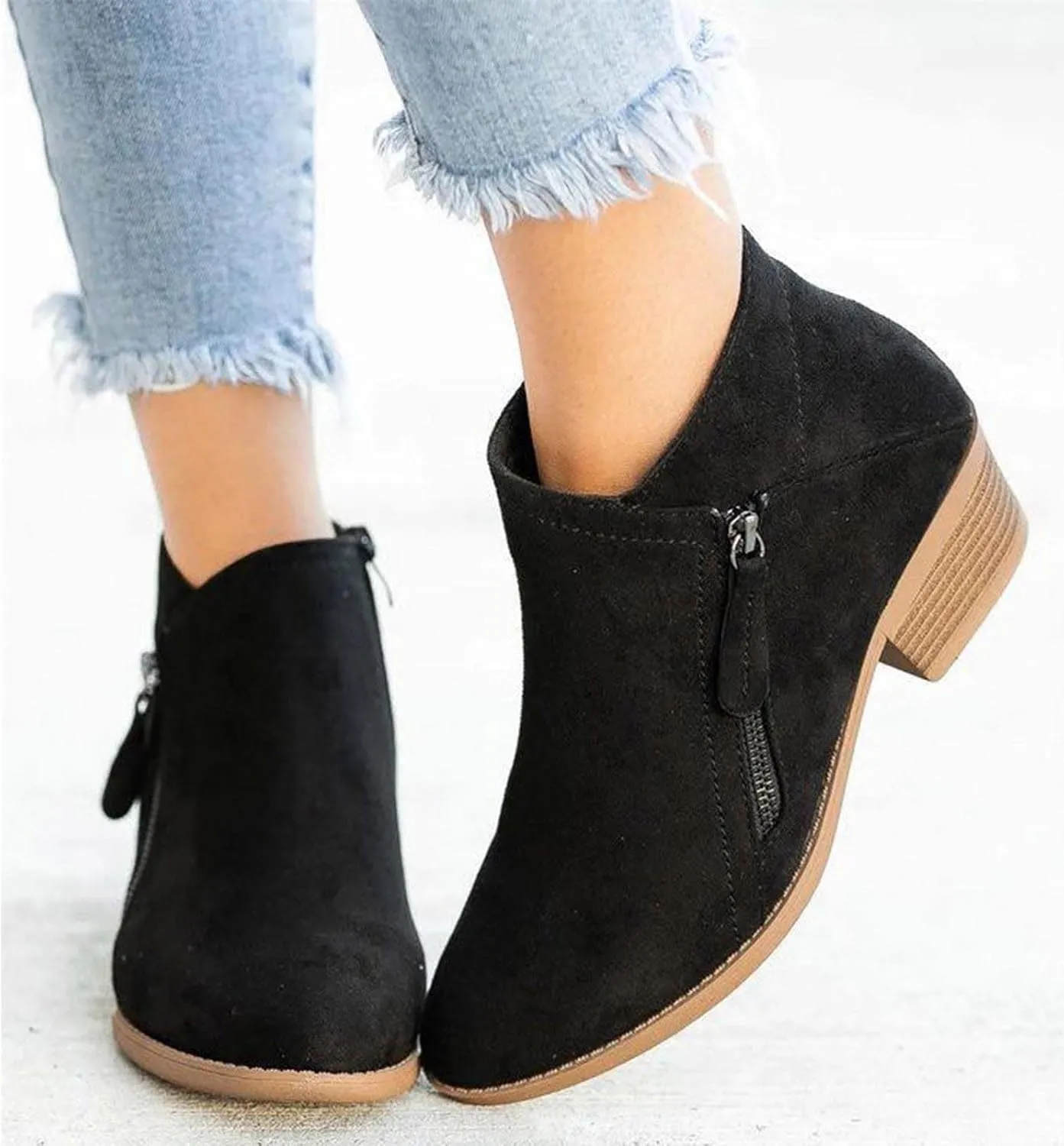 Boots for Women Ankle Booties 2022 Fall Fashion Side Zipper Pointed Toe Block Chunky Mid Heel Boots Solid Slip on Casual Comfy Ladies Shoes