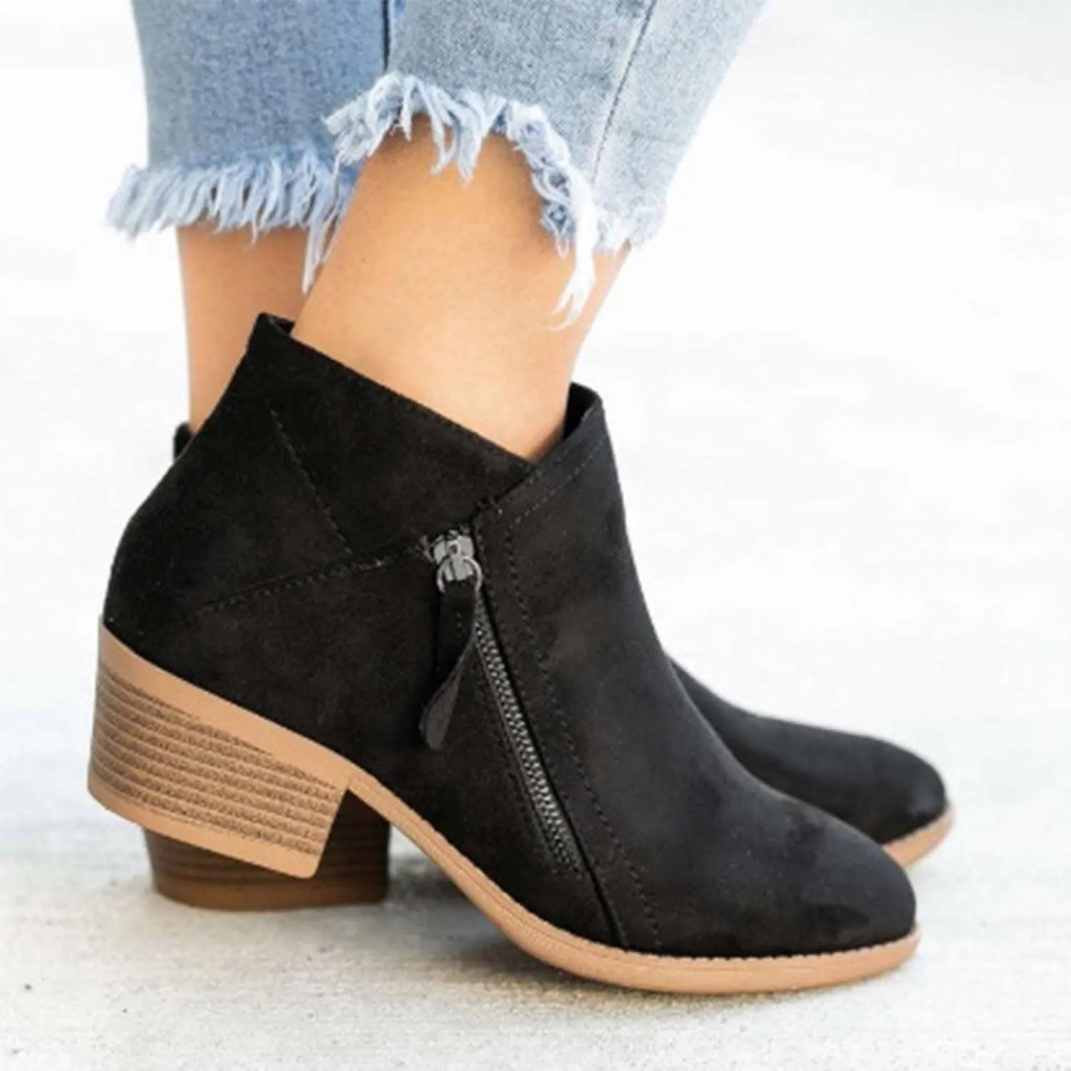 Boots for Women Ankle Booties 2022 Fall Fashion Side Zipper Pointed Toe Block Chunky Mid Heel Boots Solid Slip on Casual Comfy Ladies Shoes