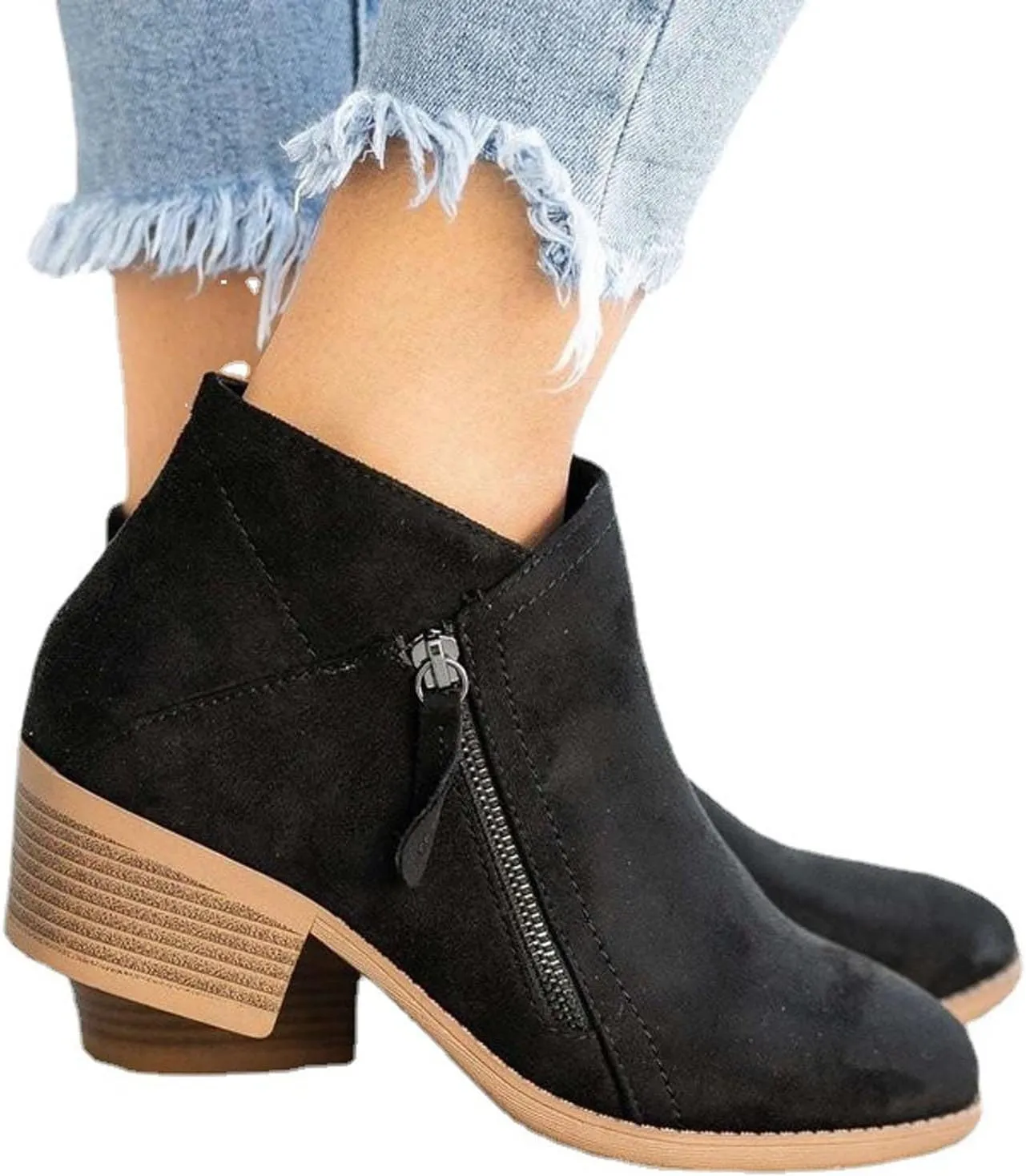 Boots for Women Ankle Booties 2022 Fall Fashion Side Zipper Pointed Toe Block Chunky Mid Heel Boots Solid Slip on Casual Comfy Ladies Shoes