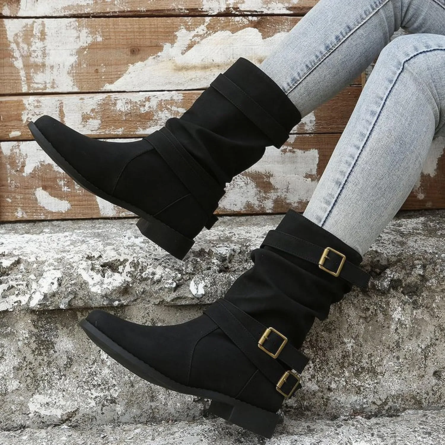 Boots for Women Low Heel Mid Calf Fashion Combat Boots Side zipper Western Boots Chunky Platform Boots Winter Fall