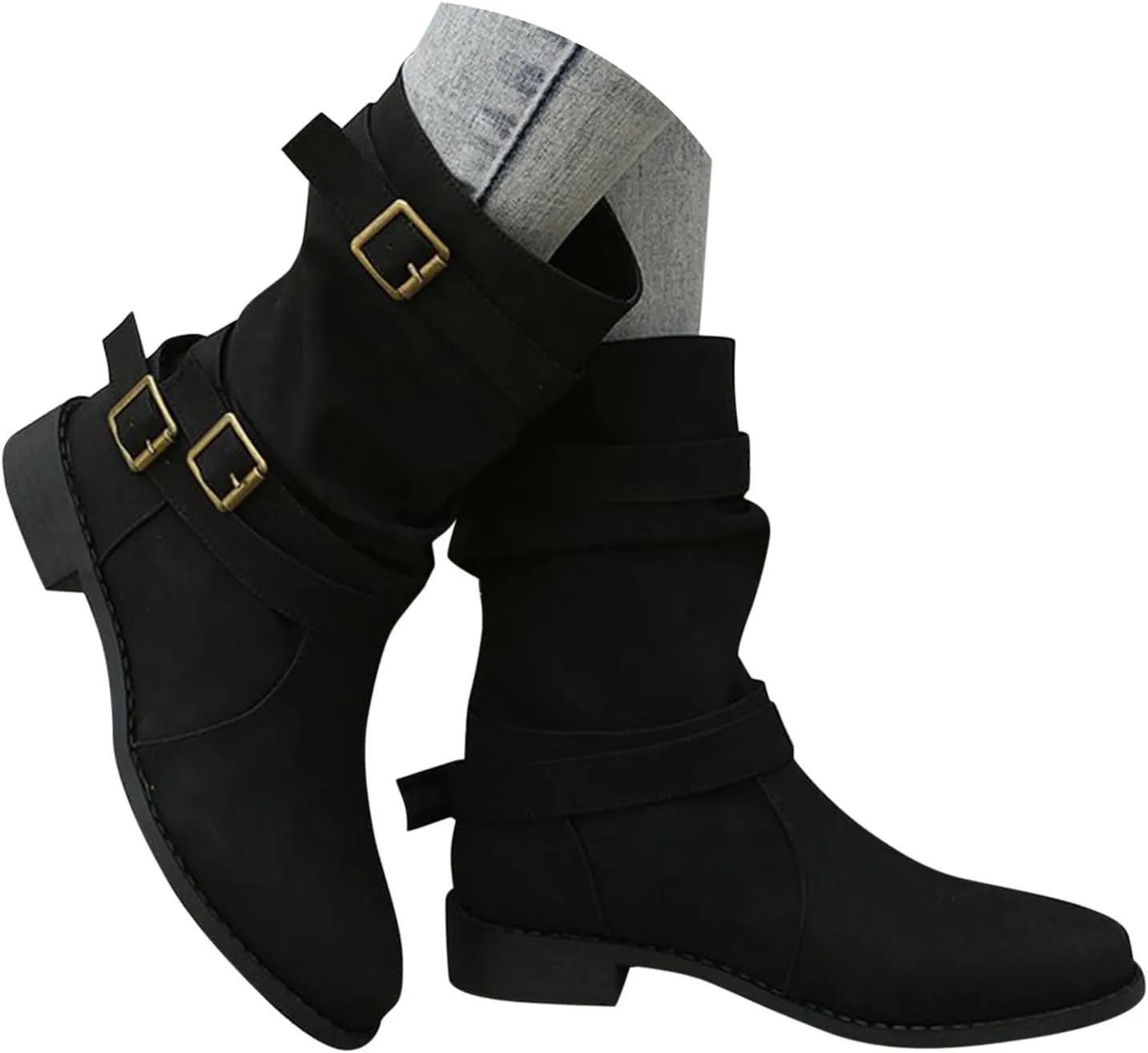 Boots for Women Low Heel Mid Calf Fashion Combat Boots Side zipper Western Boots Chunky Platform Boots Winter Fall