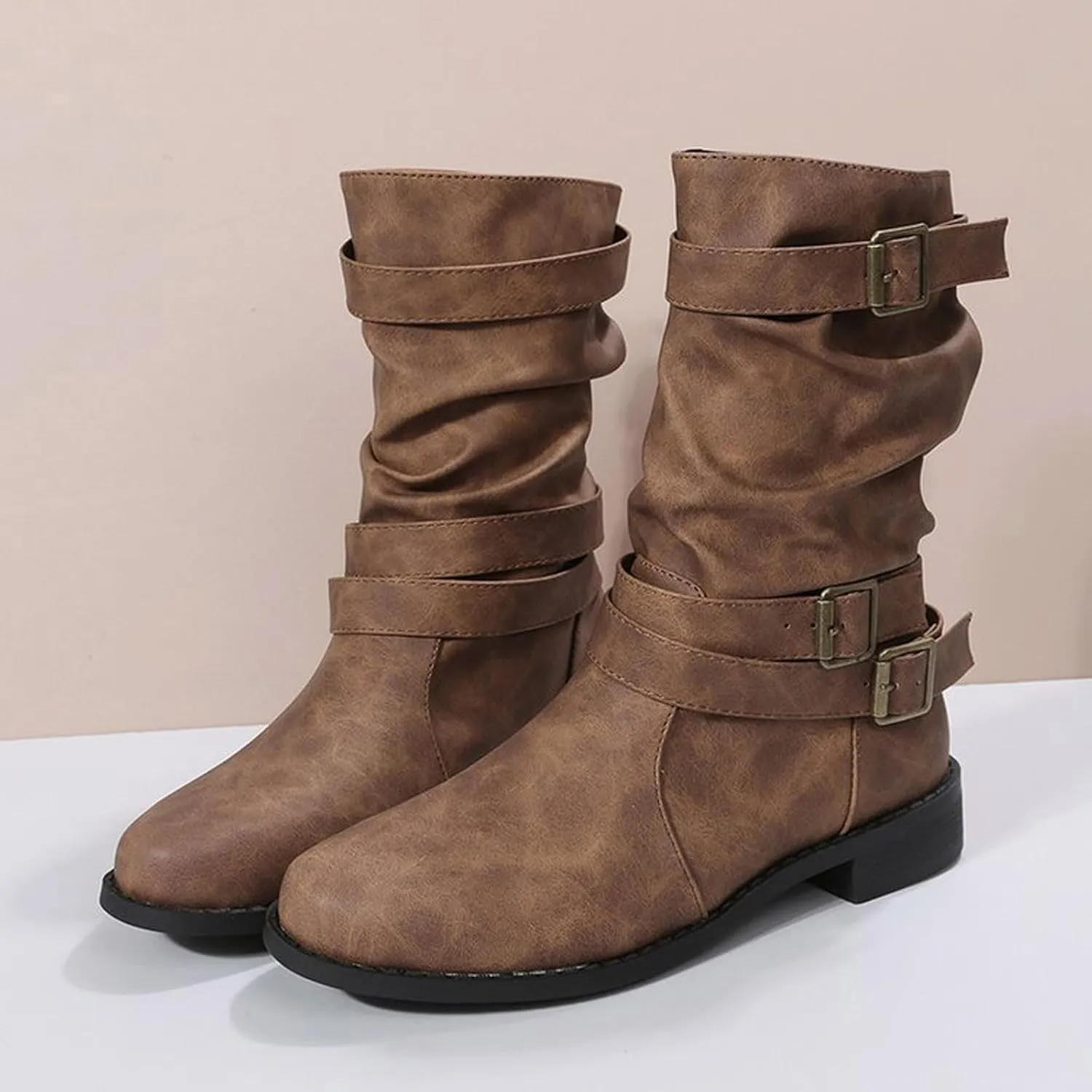 Boots for Women Low Heel Mid Calf Fashion Combat Boots Side zipper Western Boots Chunky Platform Boots Winter Fall