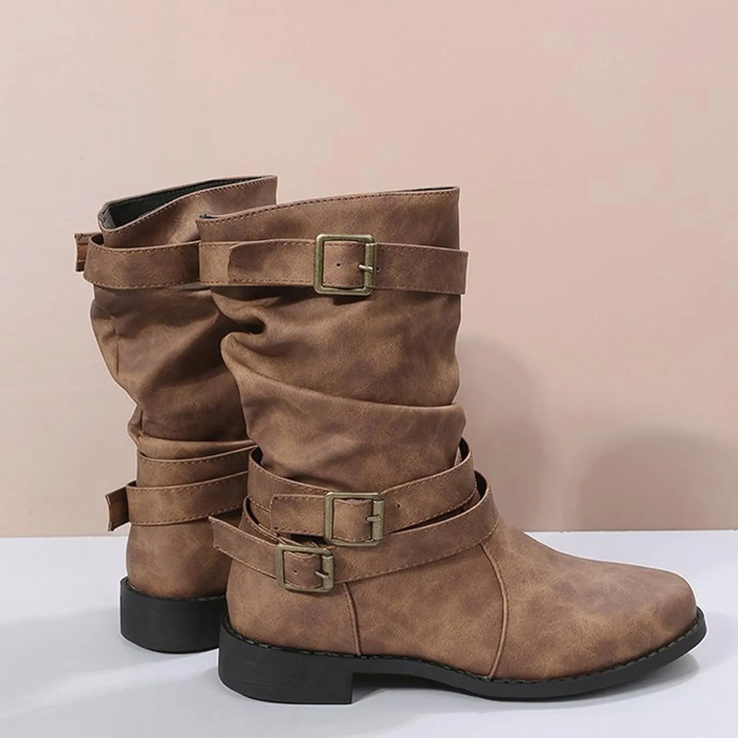 Boots for Women Low Heel Mid Calf Fashion Combat Boots Side zipper Western Boots Chunky Platform Boots Winter Fall