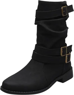 Boots for Women Low Heel Mid Calf Fashion Combat Boots Side zipper Western Boots Chunky Platform Boots Winter Fall