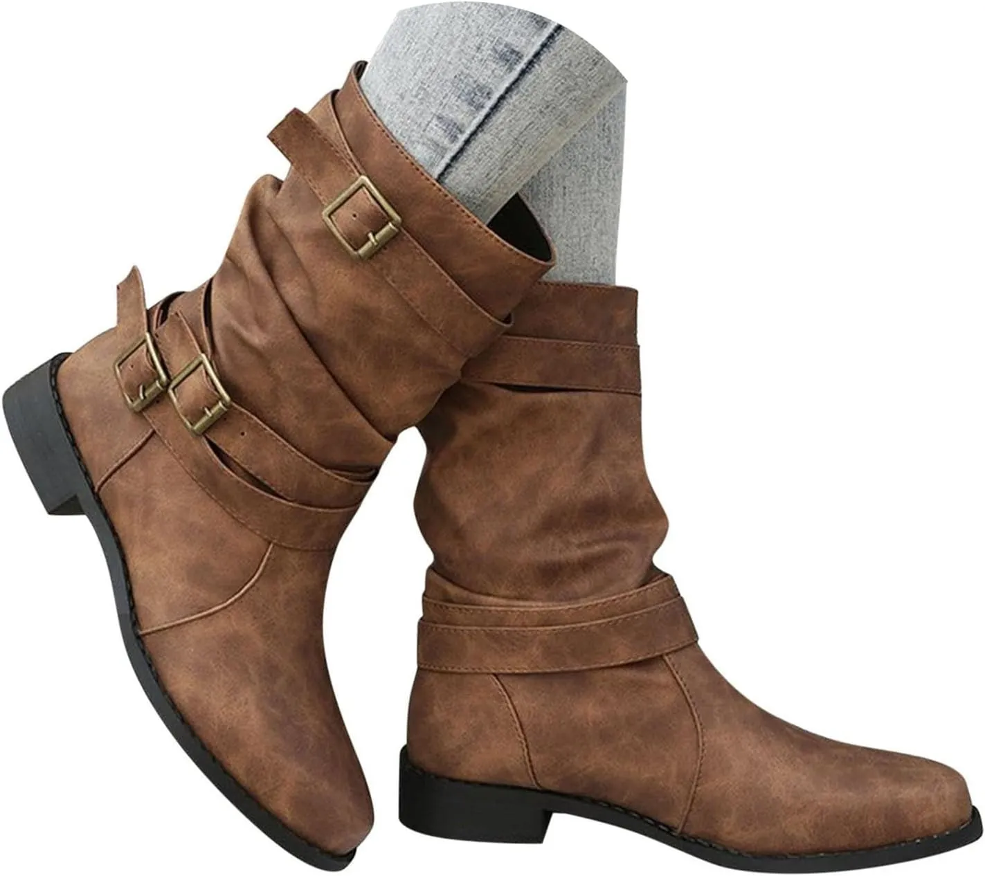 Boots for Women Low Heel Mid Calf Fashion Combat Boots Side zipper Western Boots Chunky Platform Boots Winter Fall