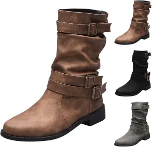 Boots for Women Low Heel Mid Calf Fashion Combat Boots Side zipper Western Boots Chunky Platform Boots Winter Fall