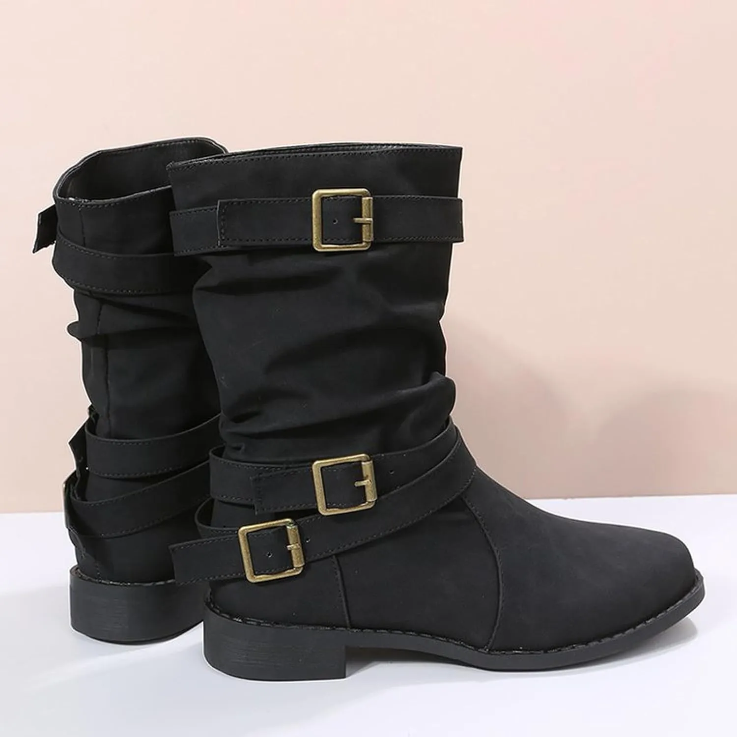 Boots for Women Low Heel Mid Calf Fashion Combat Boots Side zipper Western Boots Chunky Platform Boots Winter Fall