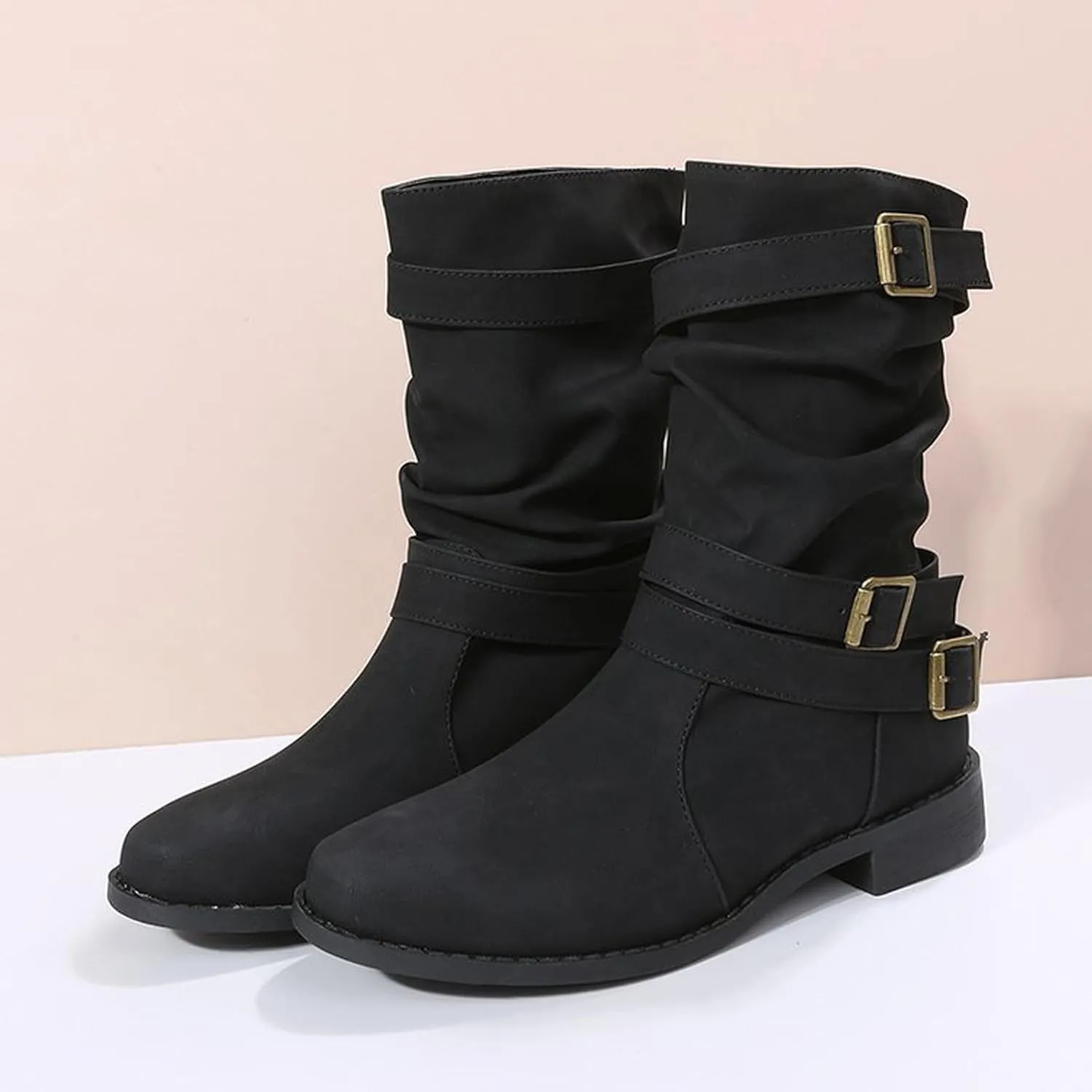 Boots for Women Low Heel Mid Calf Fashion Combat Boots Side zipper Western Boots Chunky Platform Boots Winter Fall