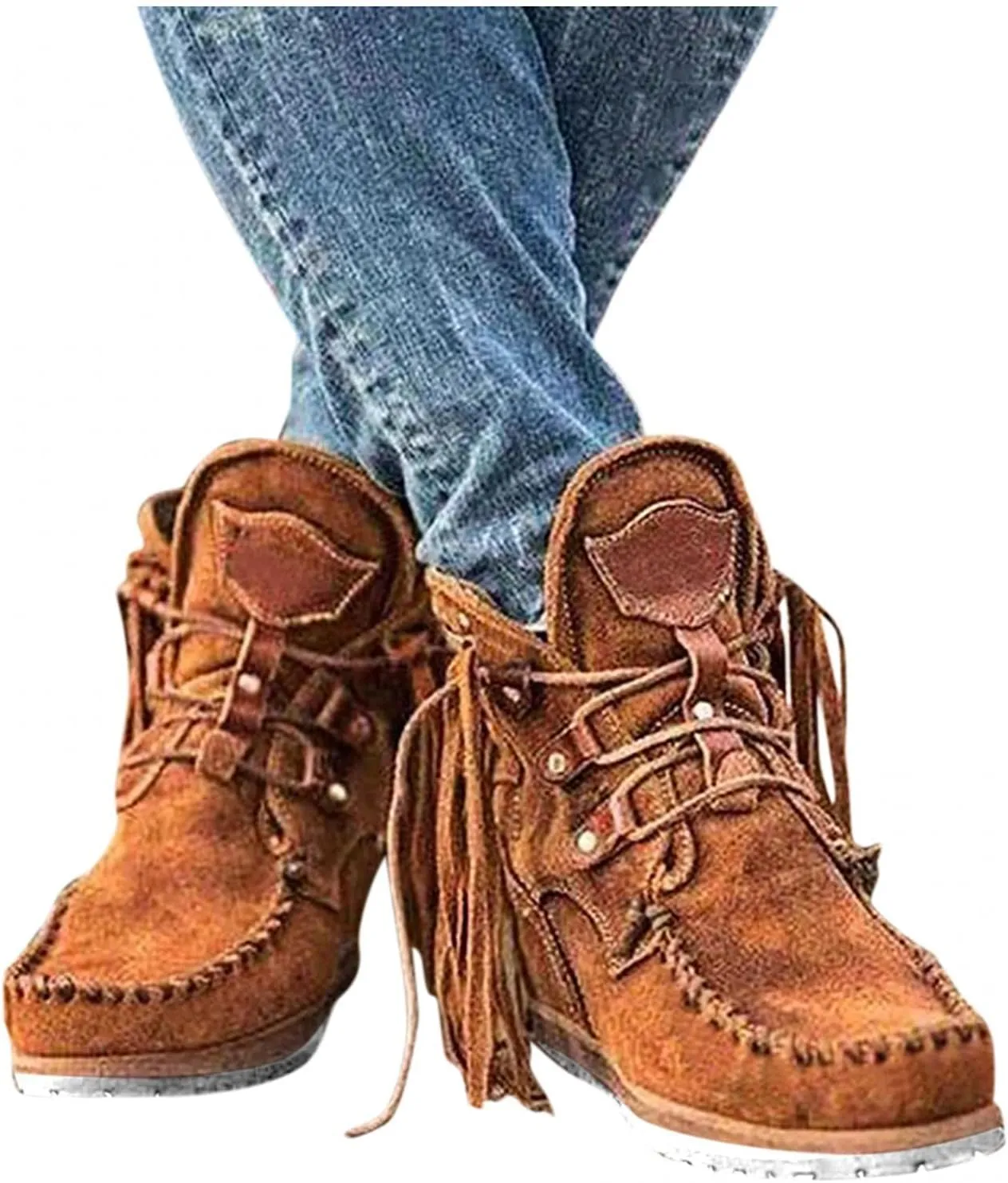Boots for Women Suede Flat Short Ankle Booties Retro Fringe Boots Winter Round Toe Roman Fringe Short Flat Shoes