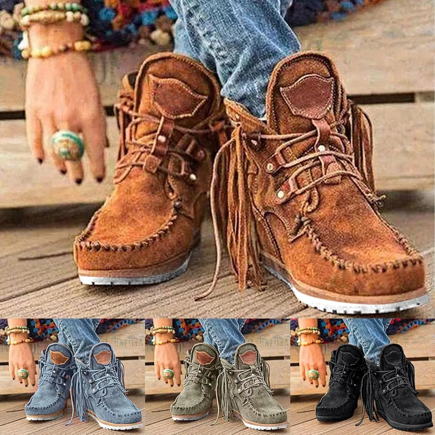 Boots for Women Suede Flat Short Ankle Booties Retro Fringe Boots Winter Round Toe Roman Fringe Short Flat Shoes