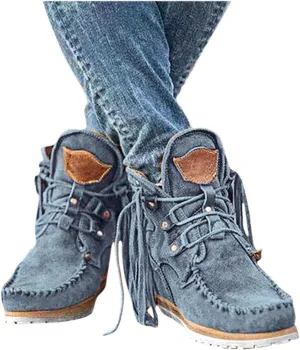Boots for Women Suede Flat Short Ankle Booties Retro Fringe Boots Winter Round Toe Roman Fringe Short Flat Shoes